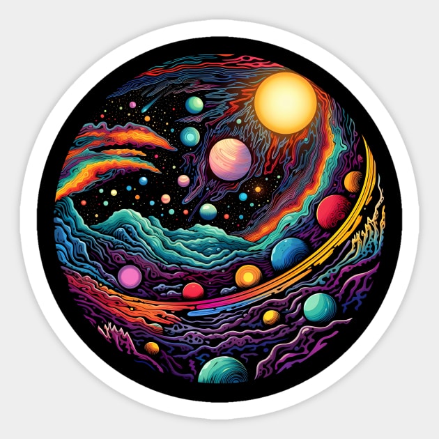 Surrealist space artwork with planets Sticker by Unelmoija